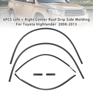 6PCS Left + Right Center Roof Drip Side Molding For Toyota Highlander 2008-2013 - 0