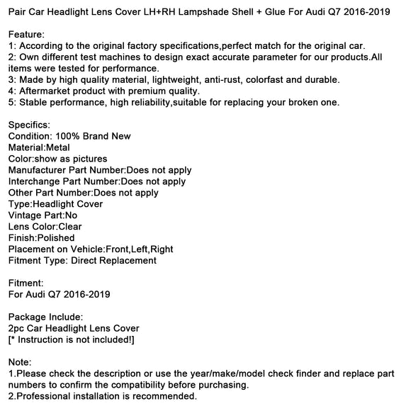 Par de cubiertas de lente de faro de coche LH + RH, pegamento de carcasa de pantalla para Audi Q7 2016-2019