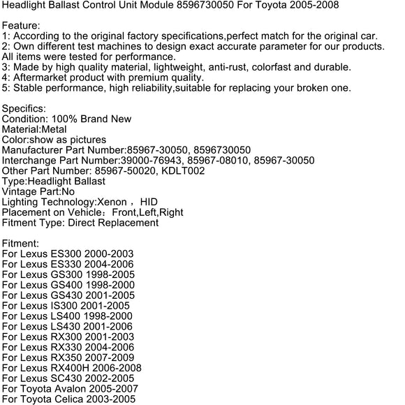 Ajovalojen painolastin ohjausyksikön moduuli 8596730050 Toyota 2005-2008