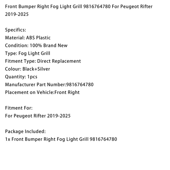 Front Bumper Right Fog Light Grill 9816764780 For Peugeot Rifter 2019-2025