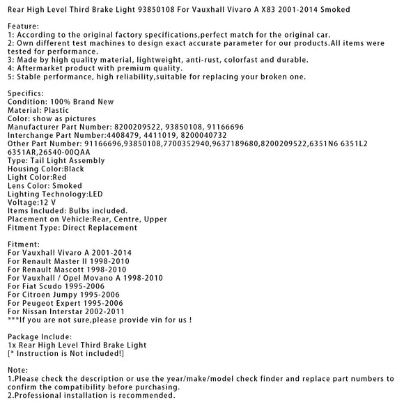 Taka korkean tason kolmas jarruvalo Vauxhall Vivaro A X83 2001-2014 savustettu