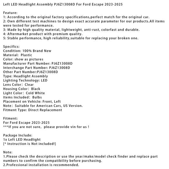 Linke LED-Scheinwerferbaugruppe PJ6Z13008D für Ford Escape 2023–2025