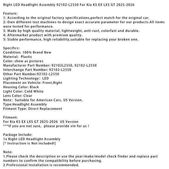 Rechte LED-Scheinwerferbaugruppe 92102-L2550 für Kia K5 EX LXS GT 2025–2026