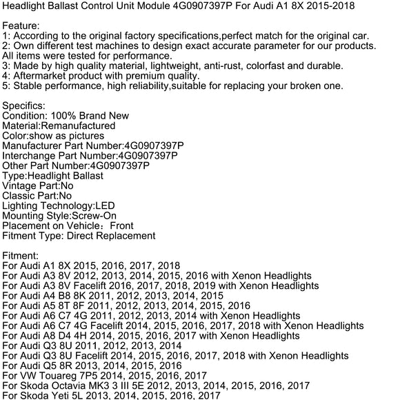 Scheinwerfer-Vorschaltgerät-Steuergerät-Modul 4G0907397P für Audi A1 8X 2015–2018