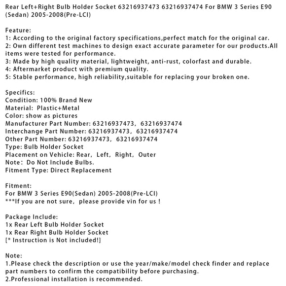 Douille de porte-ampoule arrière gauche et droite, pour BMW série 3 E90 (berline) 05-08 (pré-lci)