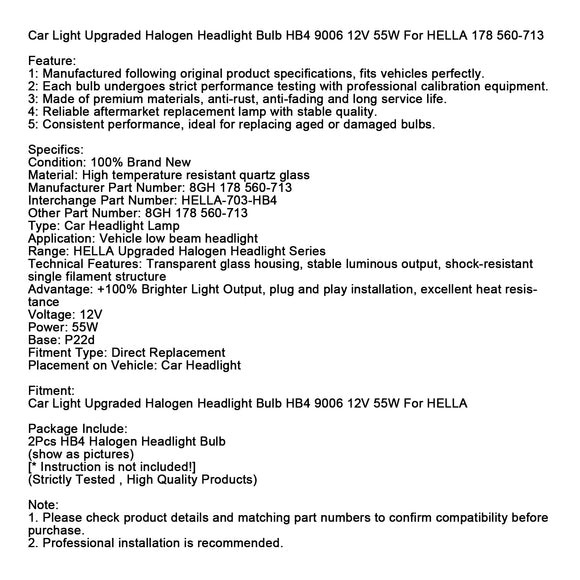 Car Light Upgraded Halogen Headlight Bulb HB4 9006 12V 55W For HELLA 178 560-713