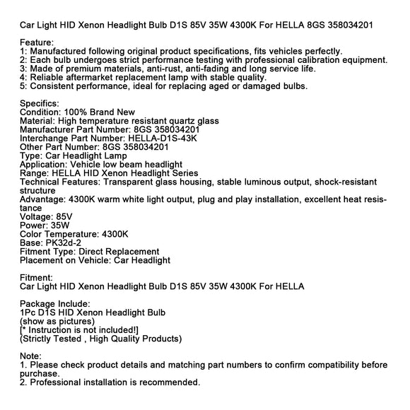 Billjus HID Xenon Strålkastare Glödlampa D1S 85V 35W 4300K ​​För HELLA 8GS 358034201