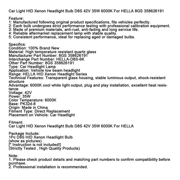 Car Light HID Xenon Headlight Bulb D8S 42V 35W 6000K For HELLA 8GS 358626191