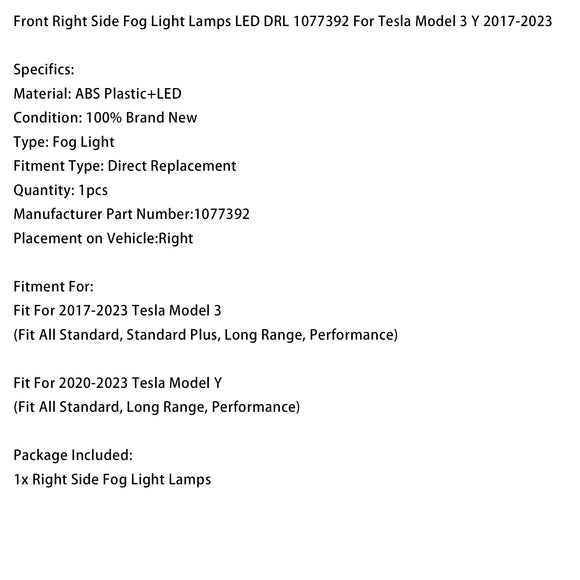 Front Right Fog Light Lamps LED DRL 1077392 For Tesla Model 3 Y 2017?2023
