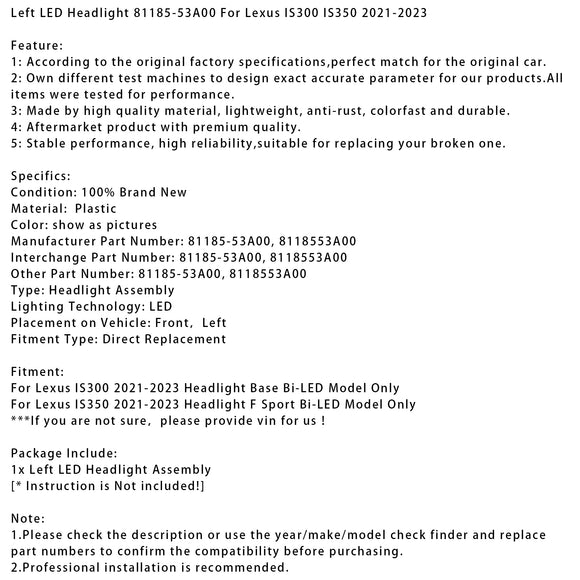 2021–2023 Lexus IS300 IS350 Linke Bi-LED-Scheinwerferbaugruppe 81185-53A00 8118553A00 Fahrerseite