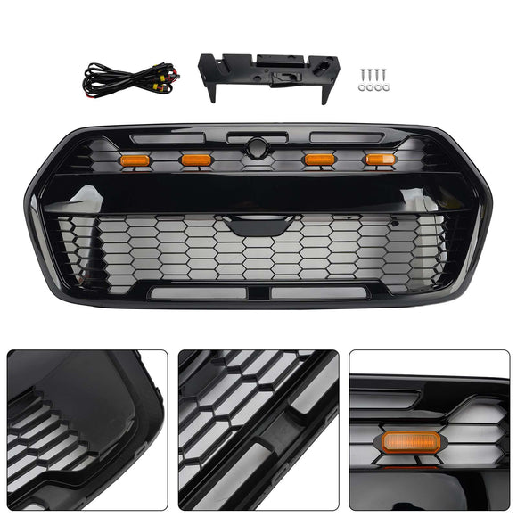 2019–2026 Ford Transit MK8 Raptor Style Kühlergrill, glänzend schwarz, Frontstoßstangen-Ersatzgrill mit LED-Licht