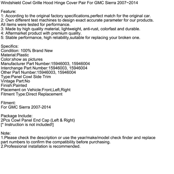 Coppia di coperture per cerniere del cofano della griglia del cofano del parabrezza per GMC Sierra 2007-2014