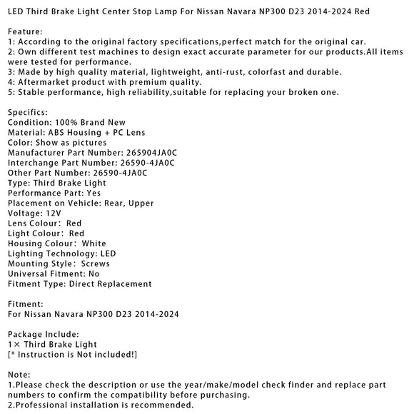 LED Dritte Bremsleuchte Mitte Bremsleuchte Für Nissan Navara NP300 D23 2014?2024 Rot