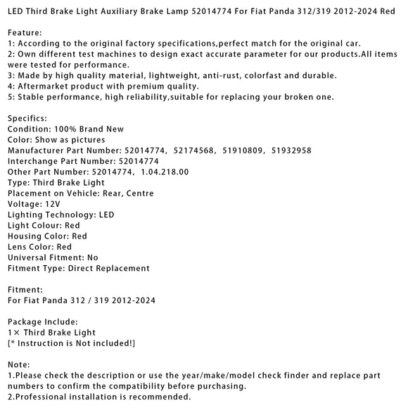 Lampada freno ausiliaria a LED terza luce freno 52014774 per Fiat Panda 2012?2024 Rosso