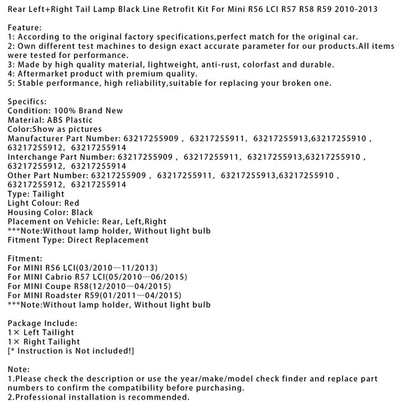 Kit de modificación de línea negra de lámpara trasera izquierda + derecha para Mini R56 2010-2013