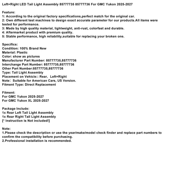 Conjunto de luz traseira LED esquerda + direita 85777735 85777736 para GMC Yukon 2025-2027