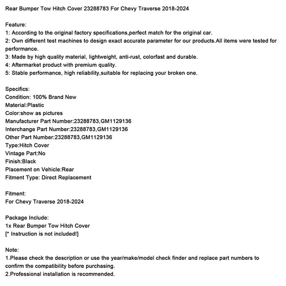 Abdeckung der hinteren Stoßstange für die Anhängerkupplung 23288783 für Chevy Traverse 2018–2024