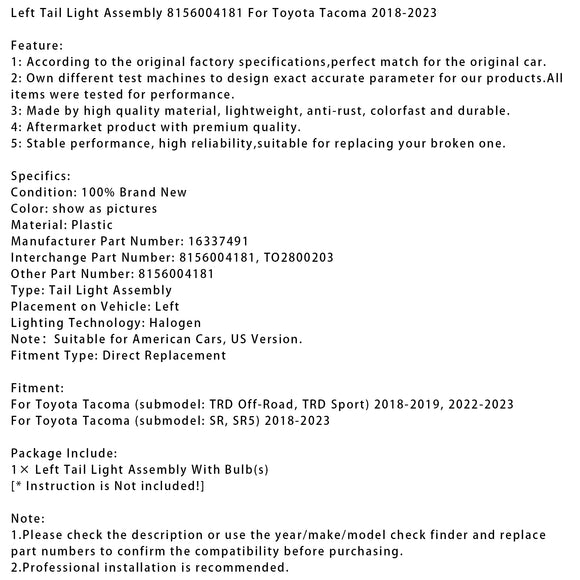 Conjunto de luz trasera izquierda 8156004181 para Toyota Tacoma 2018-2023