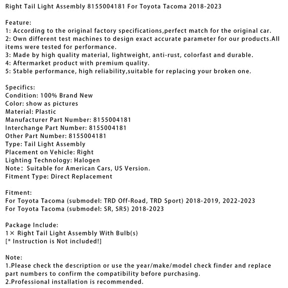 Ensemble de feu arrière droit 8155004181 pour Toyota Tacoma 2018-2023