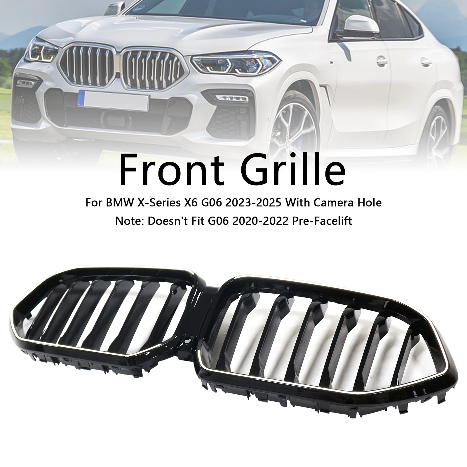 Rejilla de parachoques delantera negra compatible con BMW X6 G06 M60i 2023-2025 con orificio para cámara