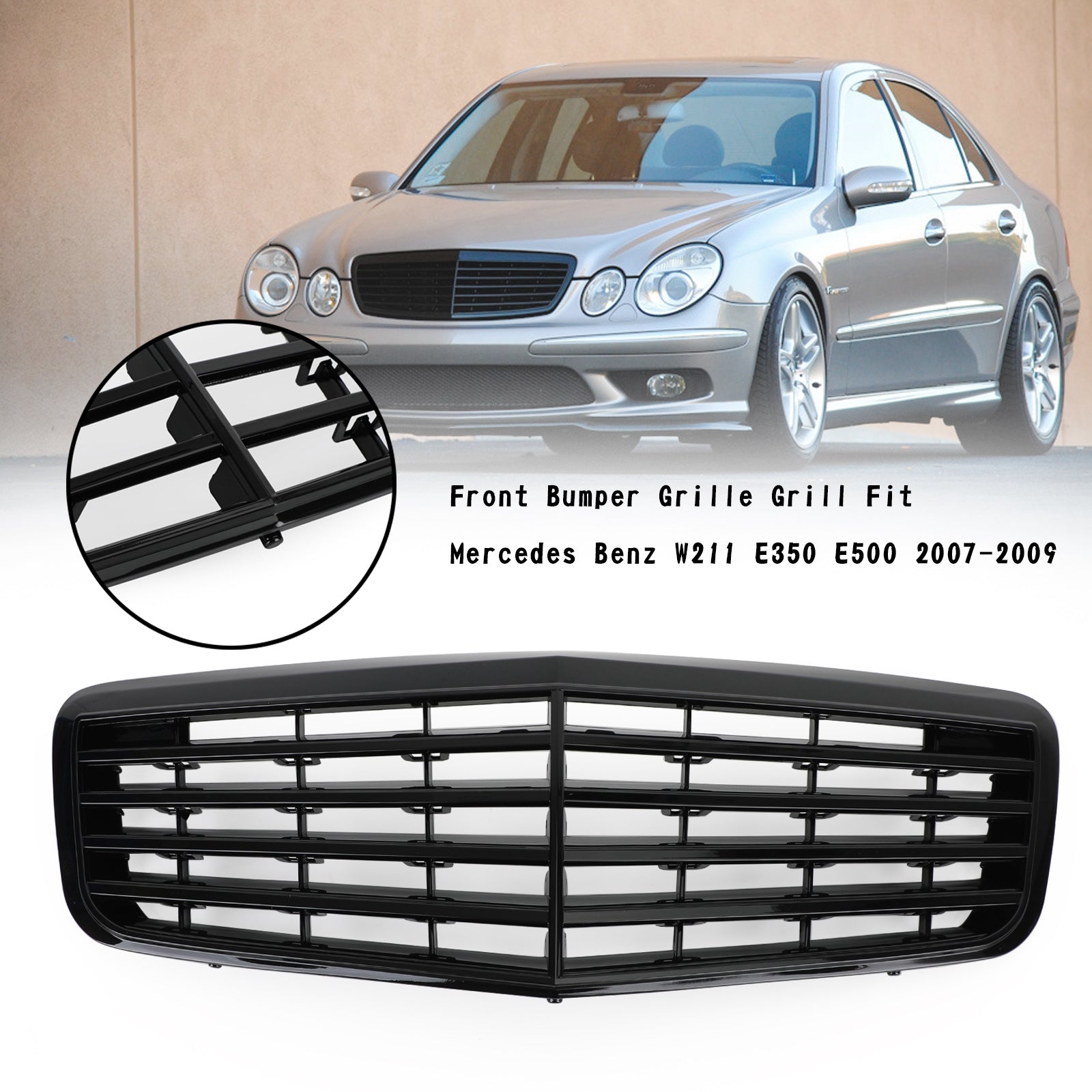 Grille de pare-chocs avant Mercedes Benz Classe E W211 E350 E500 E63 AMG 2007-2009 Grille noire brillante