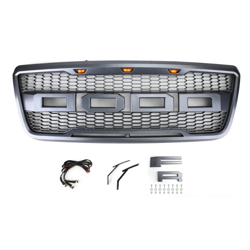 2004-2008 Ford F150 XLT/Lariat/FX4/King Ranch Front Mesh Hood Grill Gray Black Raptor Style Grille W/ LED