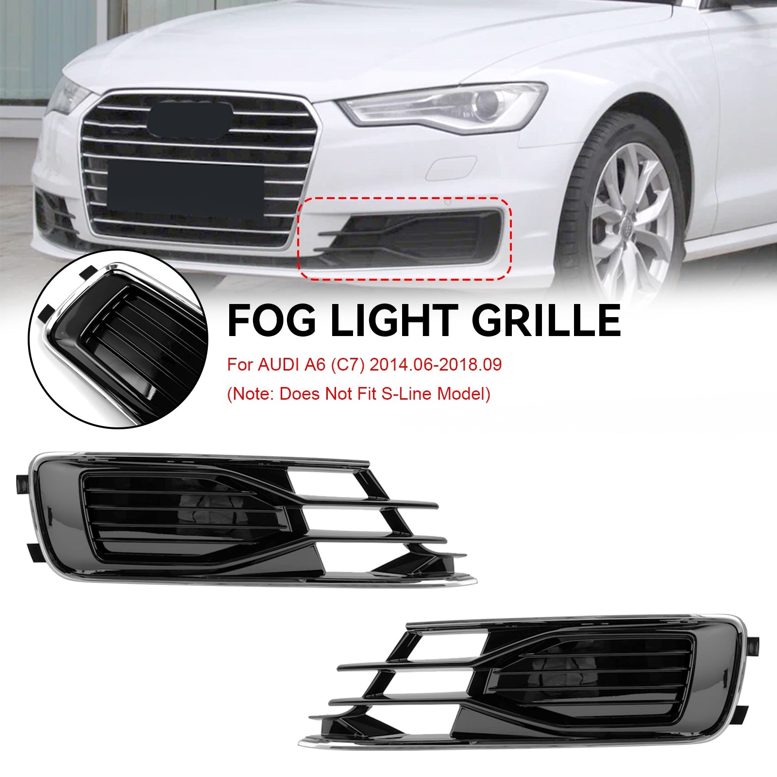 Audi 2014-2018 A6 C7 4G0807647T94 4G0807648T94 2PCS Front Bumper Foglight Cover Grill Black Chrome