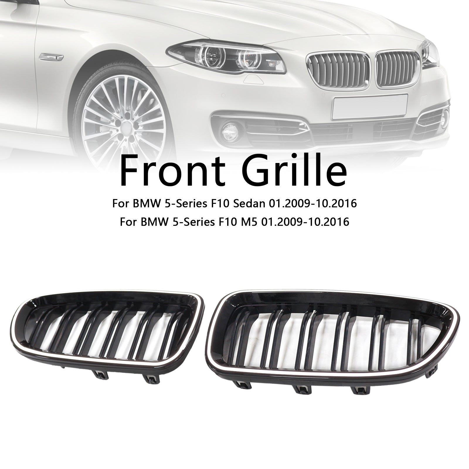 Rejilla de parachoques tipo riñón compatible con BMW Serie 5 F10 F11 2010-2016 en negro brillante