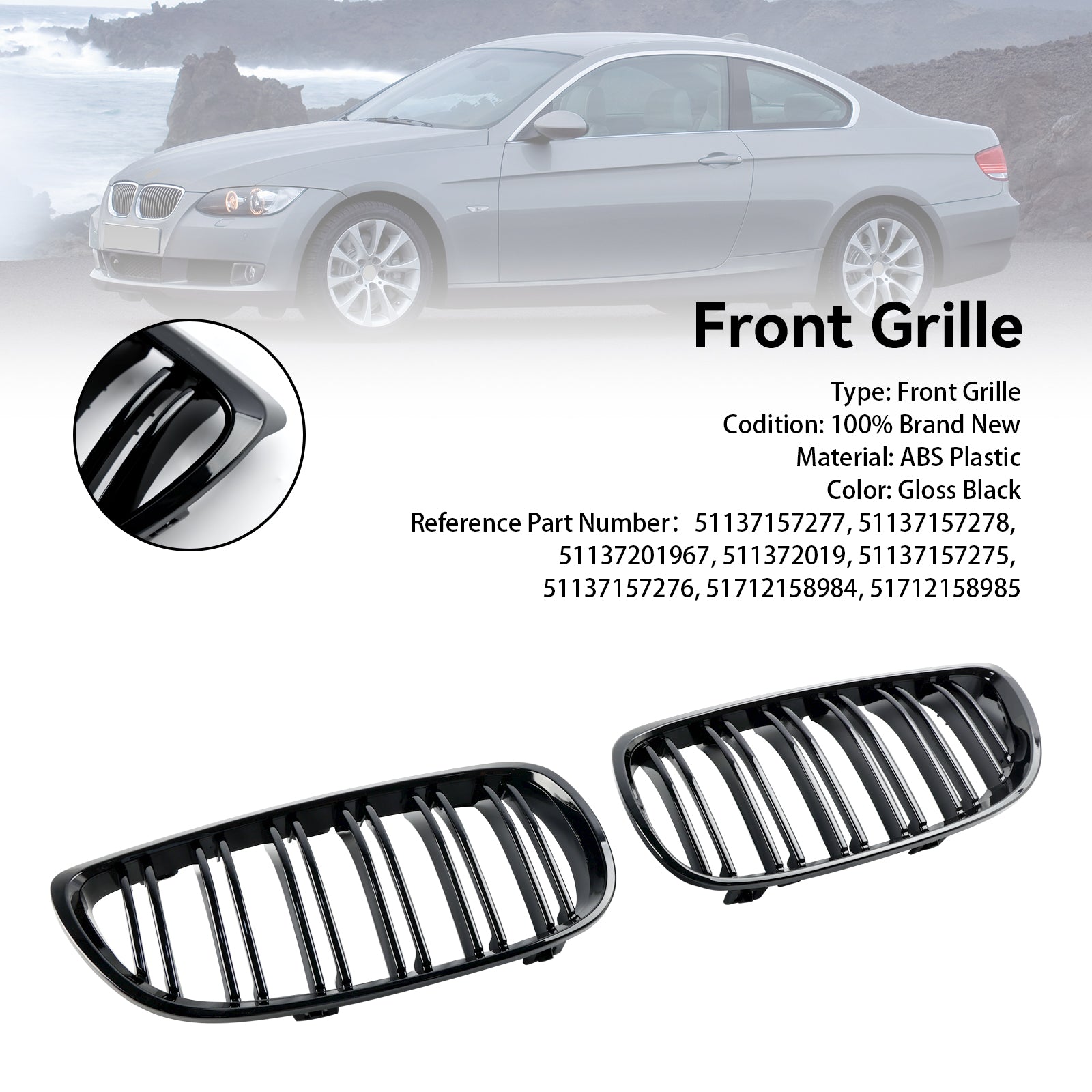 2006-2010 BMW E92 E93 335i/328i/320d/330i/325i/M3 Pre-Facelift Front Kidney Grill Gloss Black Grille