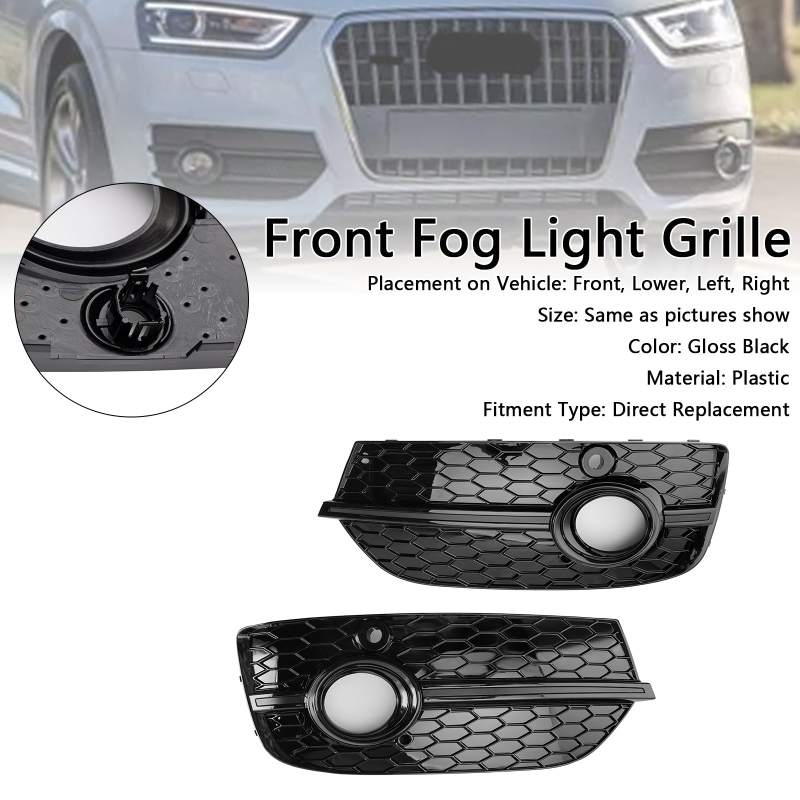 Couvre-phares antibrouillard avant en nid d'abeille de style RSQ3 pour Audi Q3 2013-2015 Noir brillant