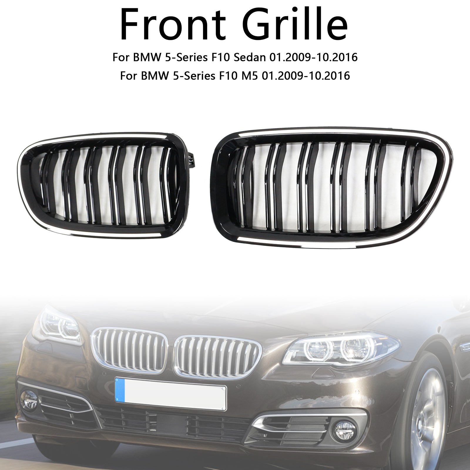 Kidney Bumper Grille Grill Fit BMW 5 Series F10 F11 2010-2016 Gloss Black - 0