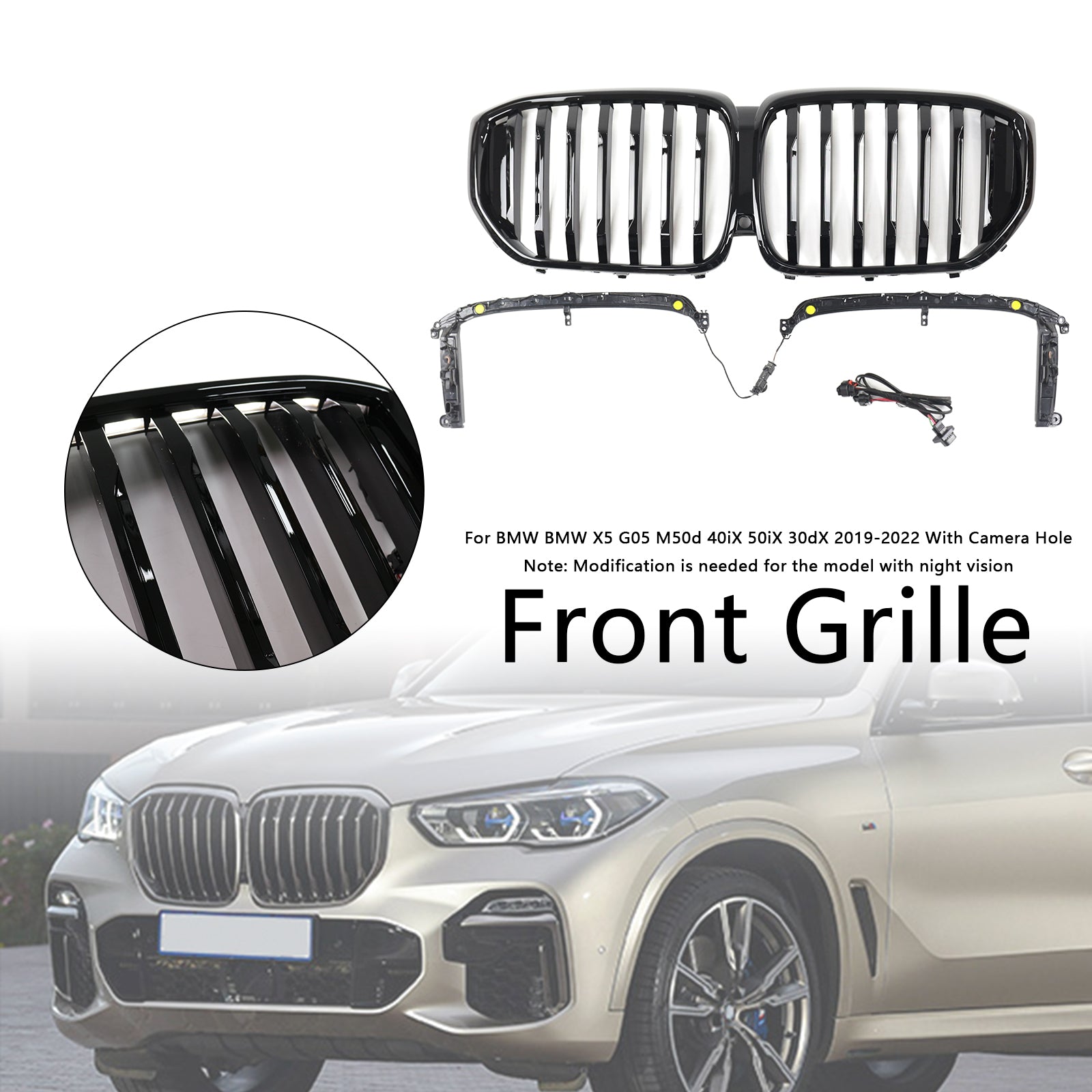 Gloss Black Front Kidney Grille Grill Fit BMW X5 G05 2019-2022 M-Performance