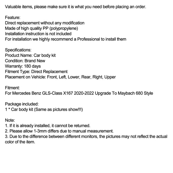 Body Kit Bumper Fit Mercedes Benz GLS X167 2020-22 Upgrade To Maybach680 Style