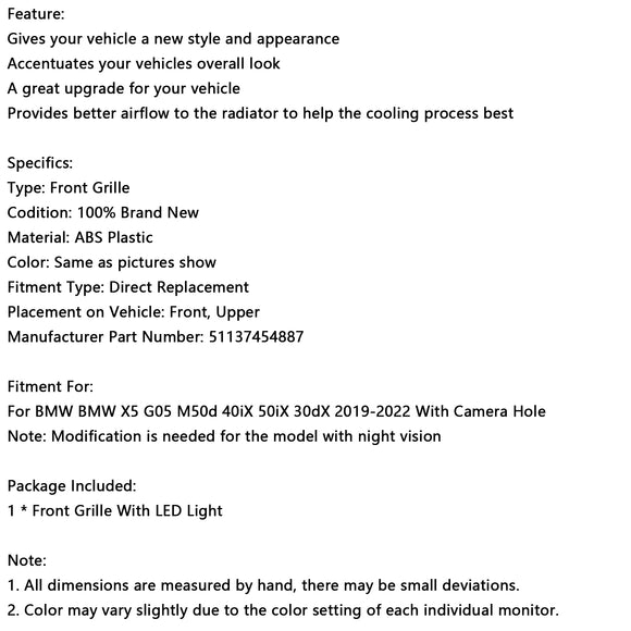 Niergrille met dubbele lamellen, zwart vooraan, passend voor BMW X5 G05 2019-2022 M-Performance