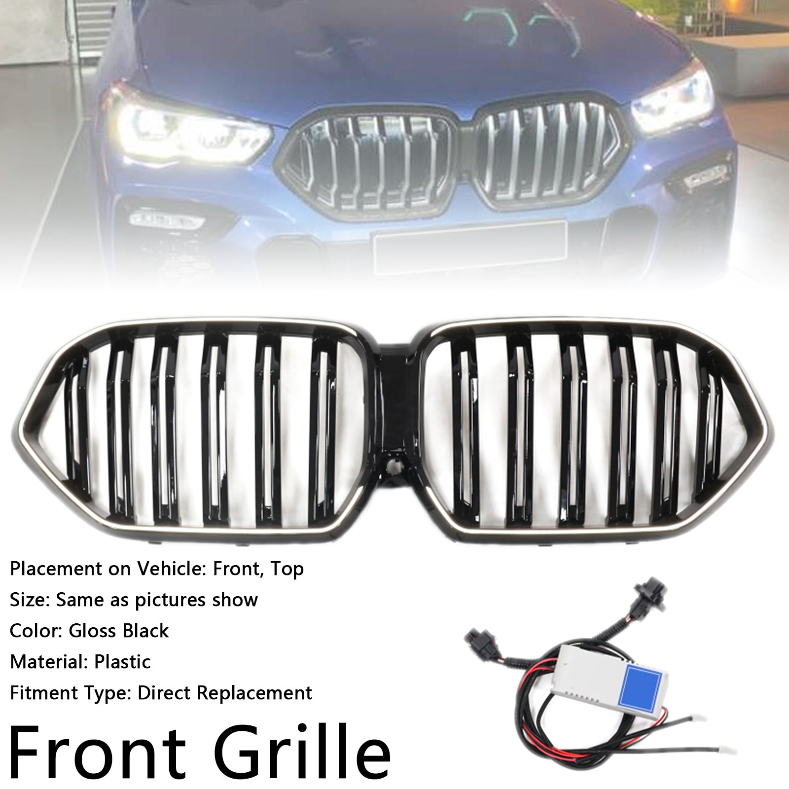 Rejilla de parachoques delantera negra brillante compatible con BMW X6 G06 M50i 2020-2022 con orificio para cámara