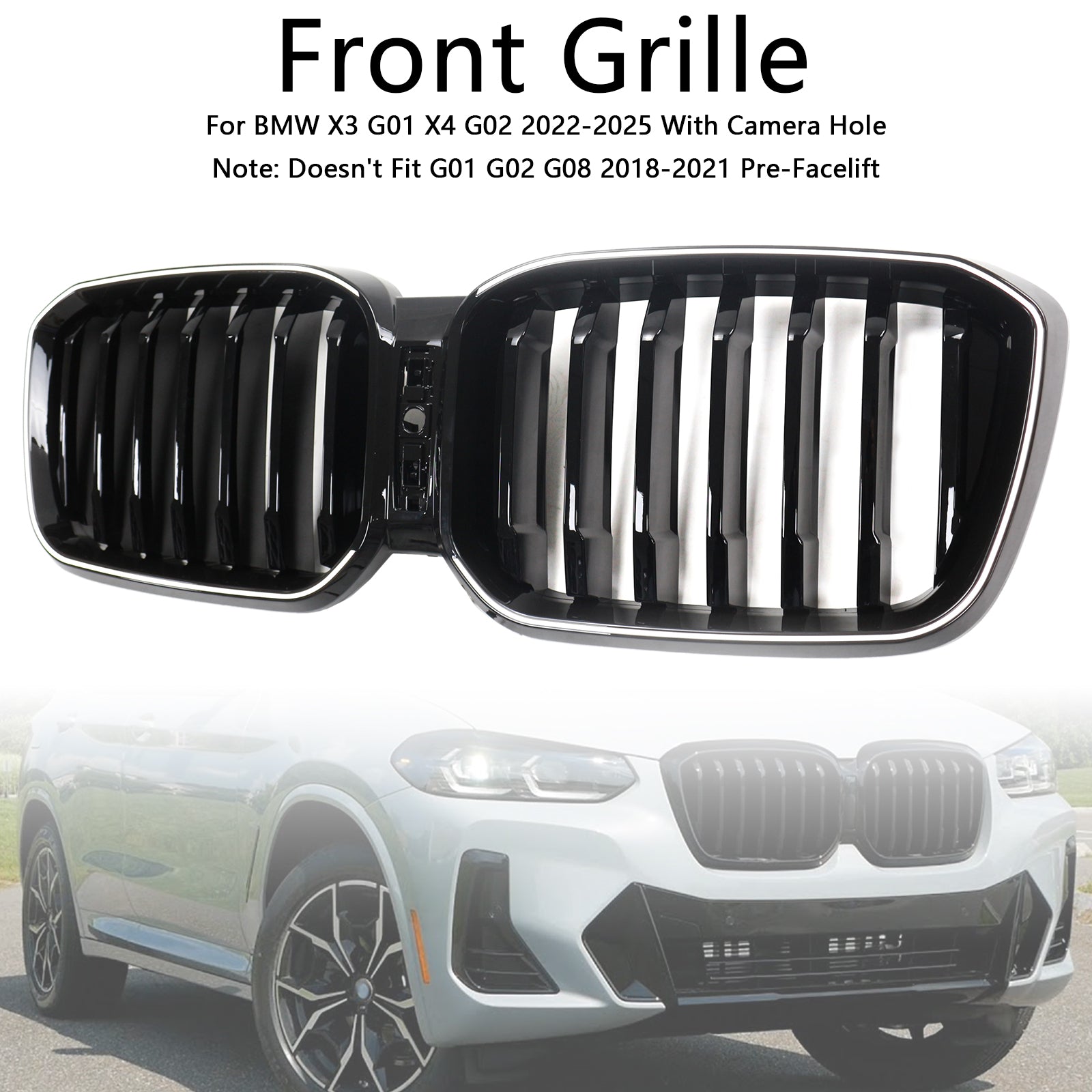 2022-2025 BMW X3 G01 / X4 G02 Front Bumper Kidney Replacement Grille Single Slat Glossy Black Grill With LED Strip Light - 0