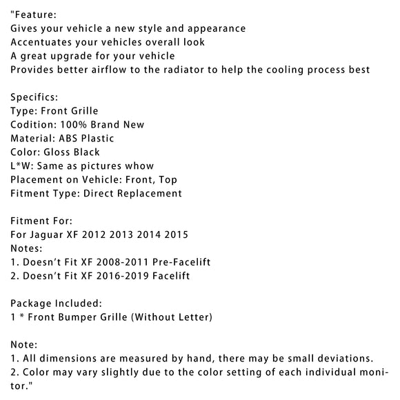 Rejilla de parachoques delantero estilo XF-R compatible con Jaguar XF 2012-2015 negro brillante