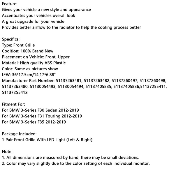 Double Slat Front Kidney Grille Grill Fit BMW 3 Series F30 F31 F35 2012-2019