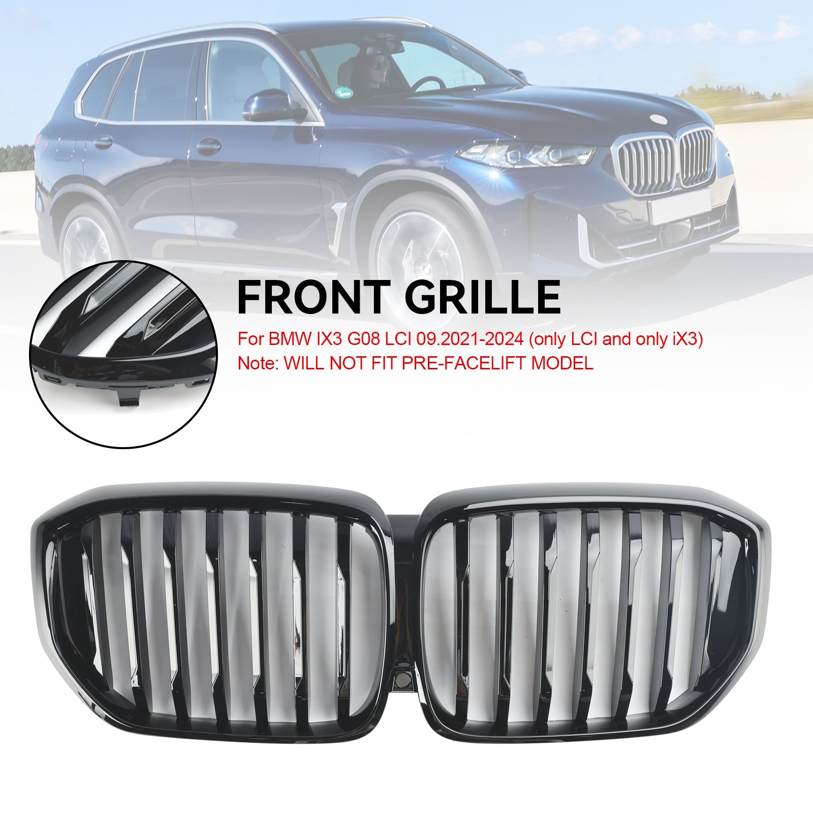 Grille de pare-chocs avant BMW G05 LCI X5 2024+ xDrive40i/xDrive45e/xDrive30d/xDrive50e/M60i Grille noire brillante