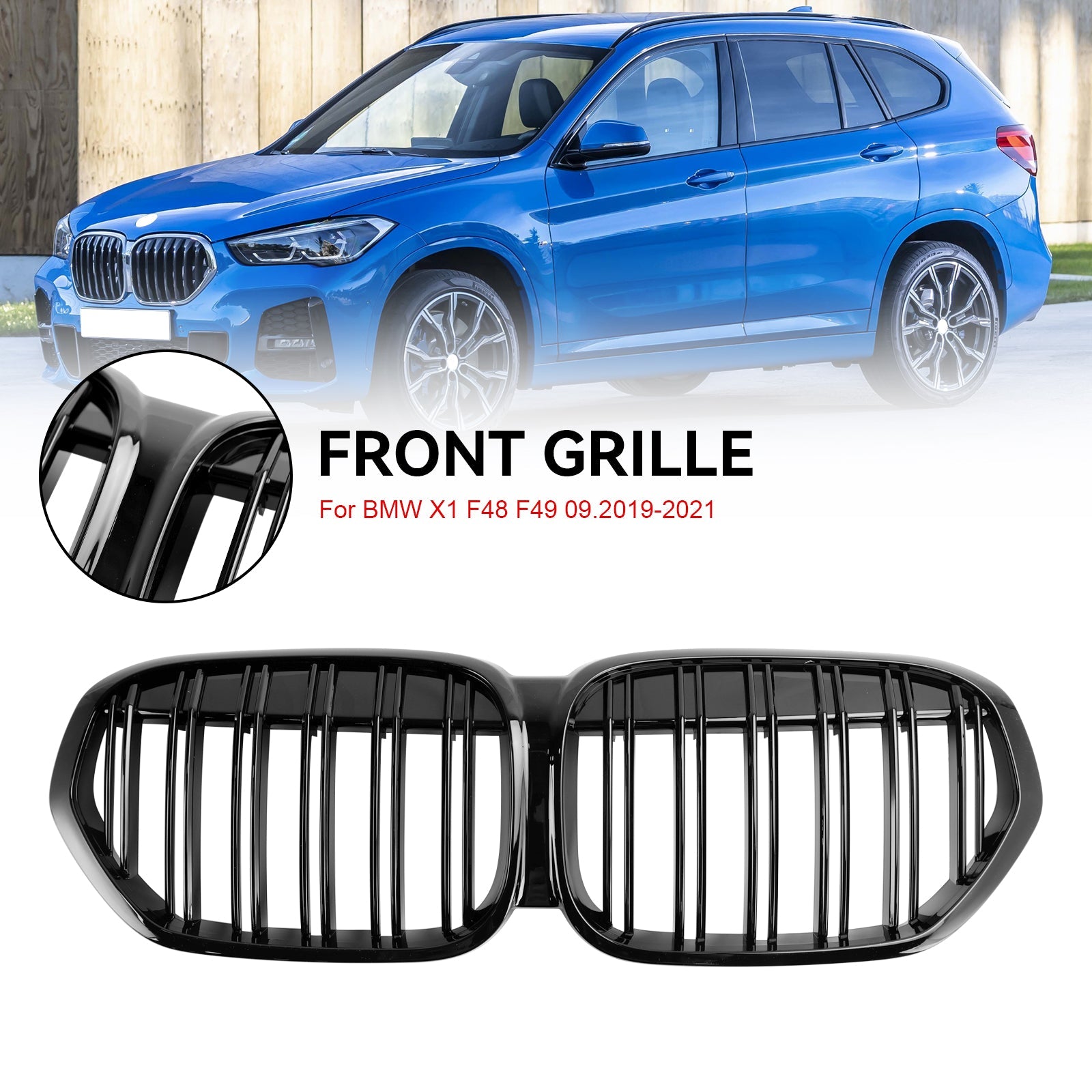 Parrilla delantera tipo riñón de doble listón en color negro brillante para BMW X1 F48 F49 sDrive18i/xDrive20i/xDrive25i/sDrive20d 2019-2021