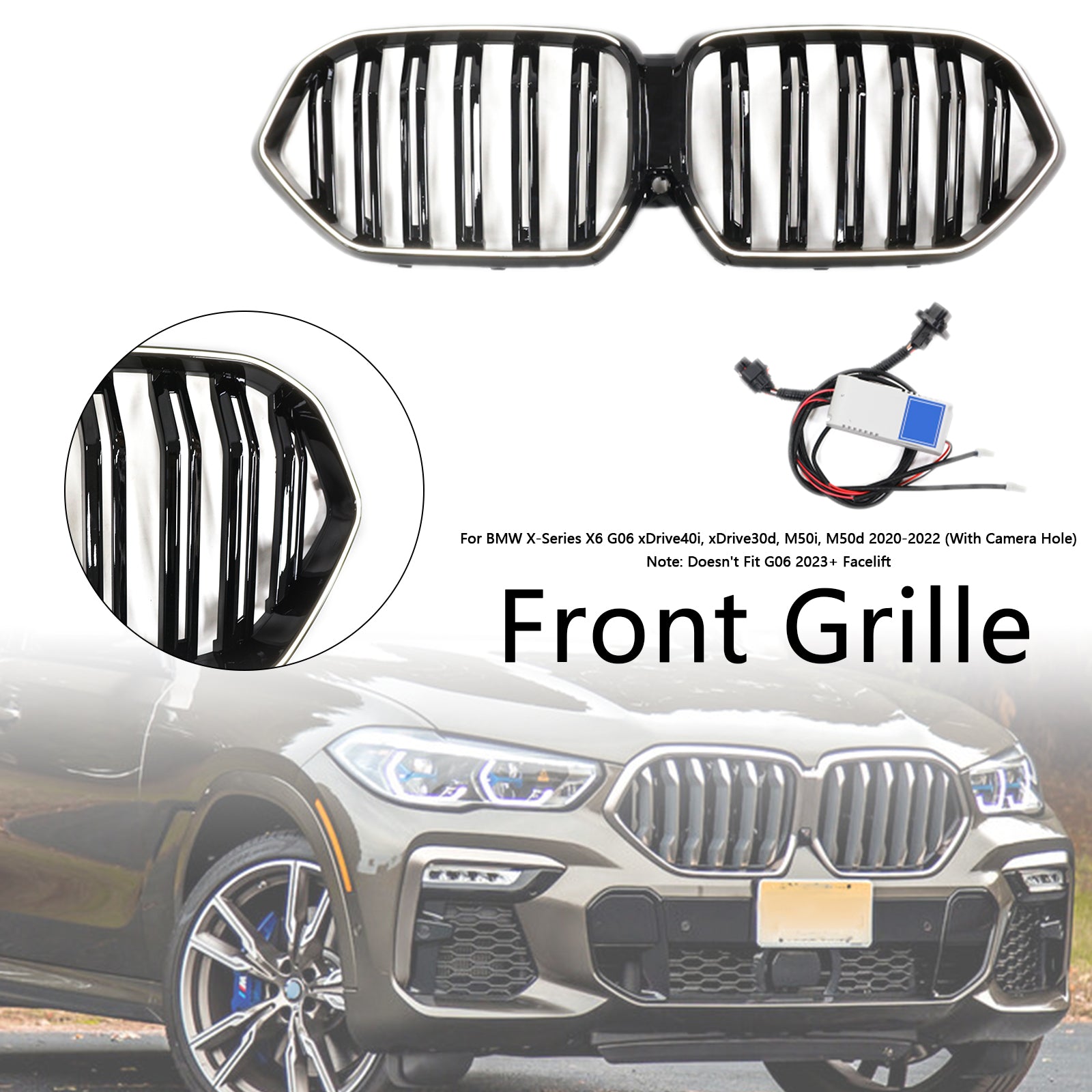 Rejilla de parachoques delantera negra brillante compatible con BMW X6 G06 M50i 2020-2022 con orificio para cámara