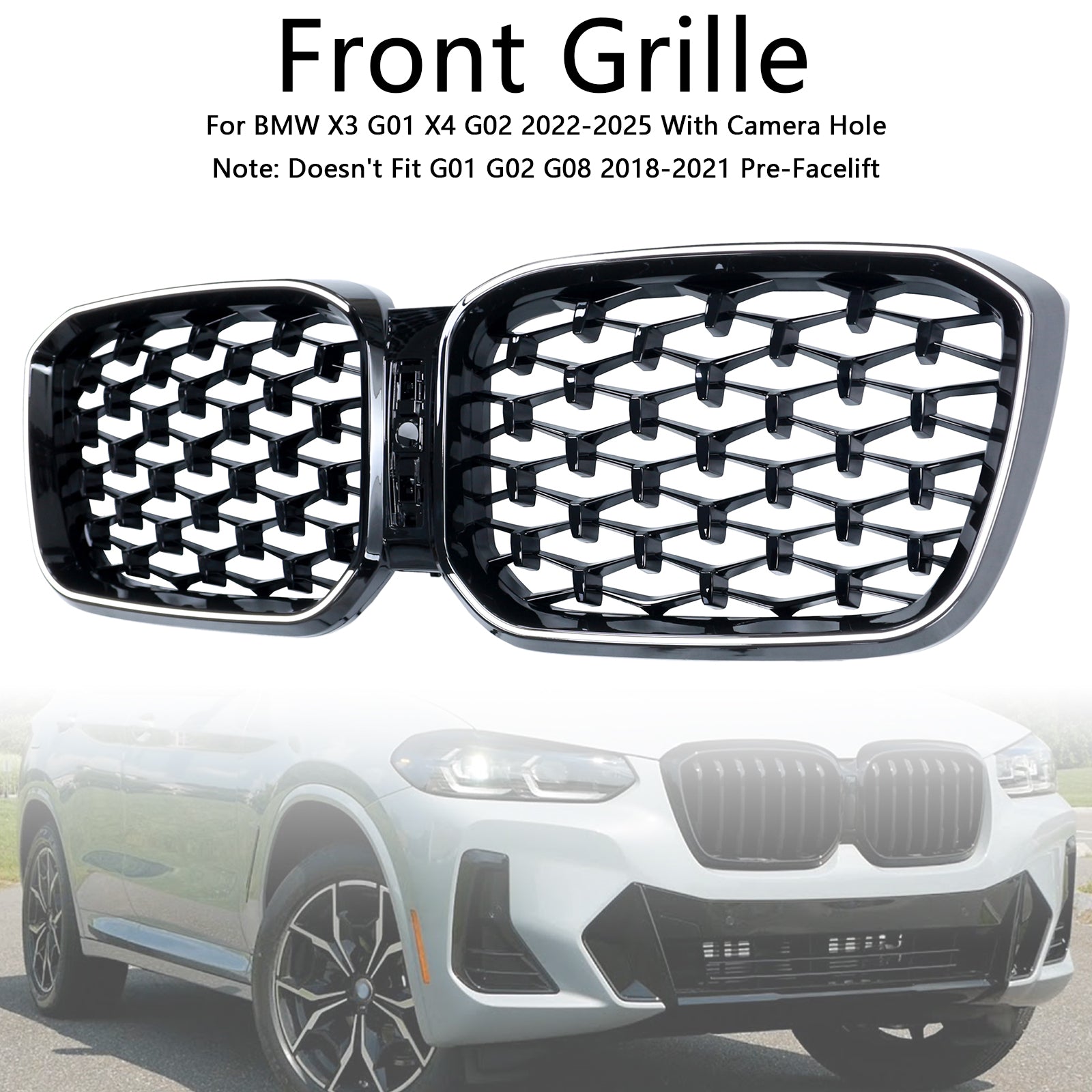 Grille de pare-chocs avant en forme de rein pour BMW X3 G01 / X4 G02 2022-2025 Grille en diamant noir avec bande lumineuse à LED