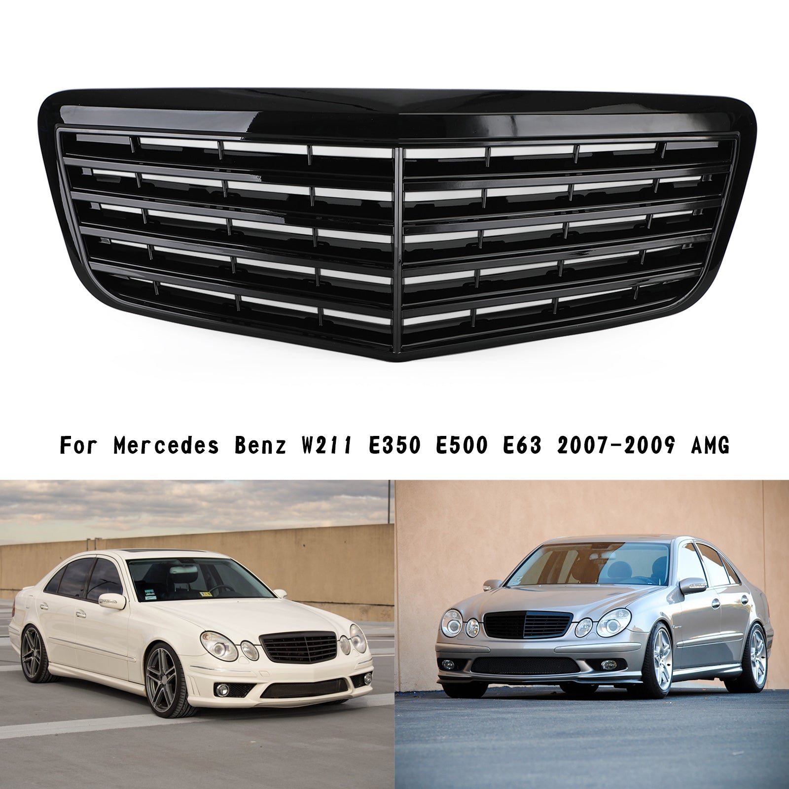 Grille de pare-chocs avant Mercedes Benz Classe E W211 E350 E500 E63 AMG 2007-2009 Grille noire brillante - 0