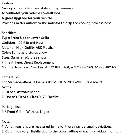 Grade inferior dianteira superior cromada compatível com Mercedes SLK-Class R172 SLK55 2011-2016
