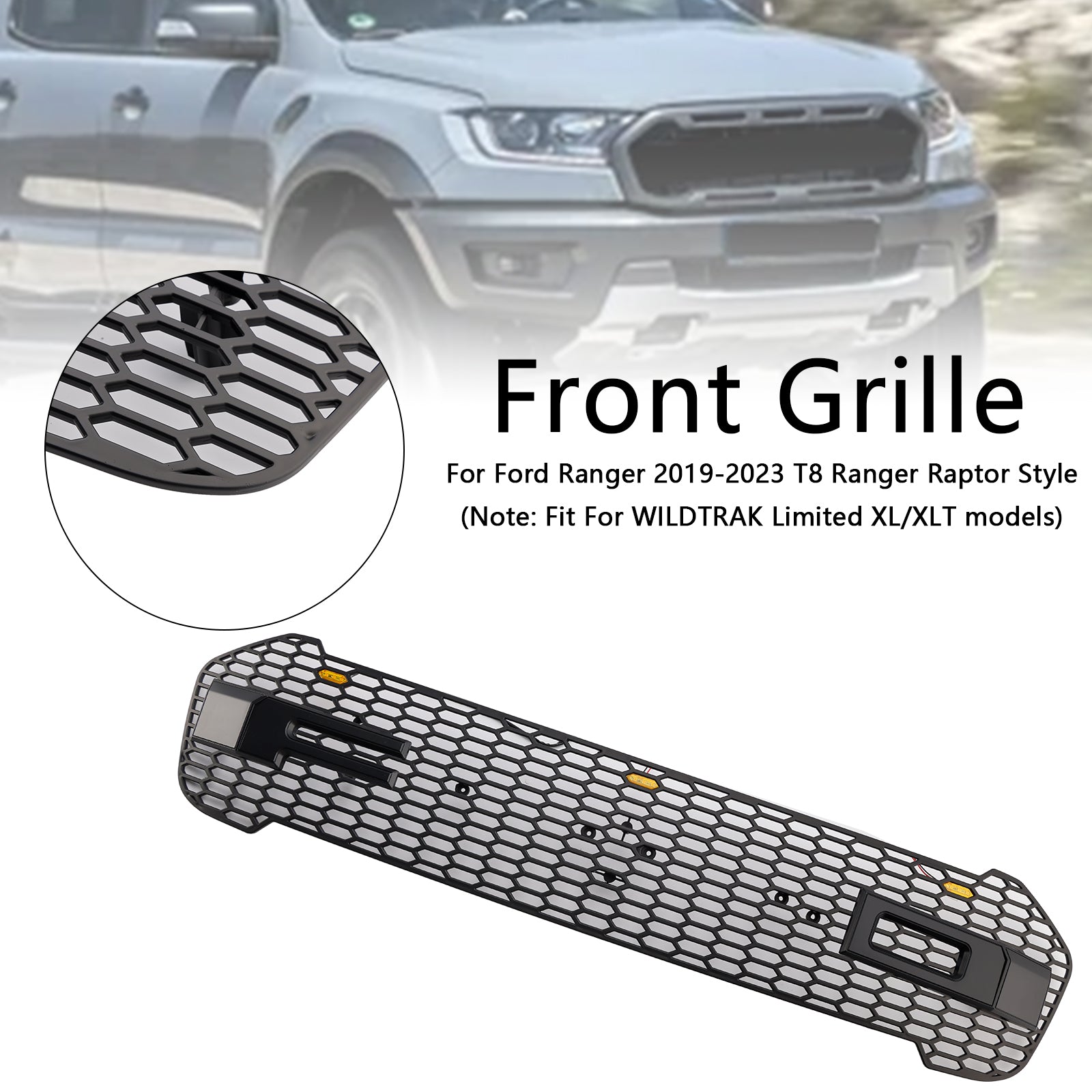 Grille de pare-chocs avant de style Raptor pour Ford Ranger T8 2019-2023 avec LED