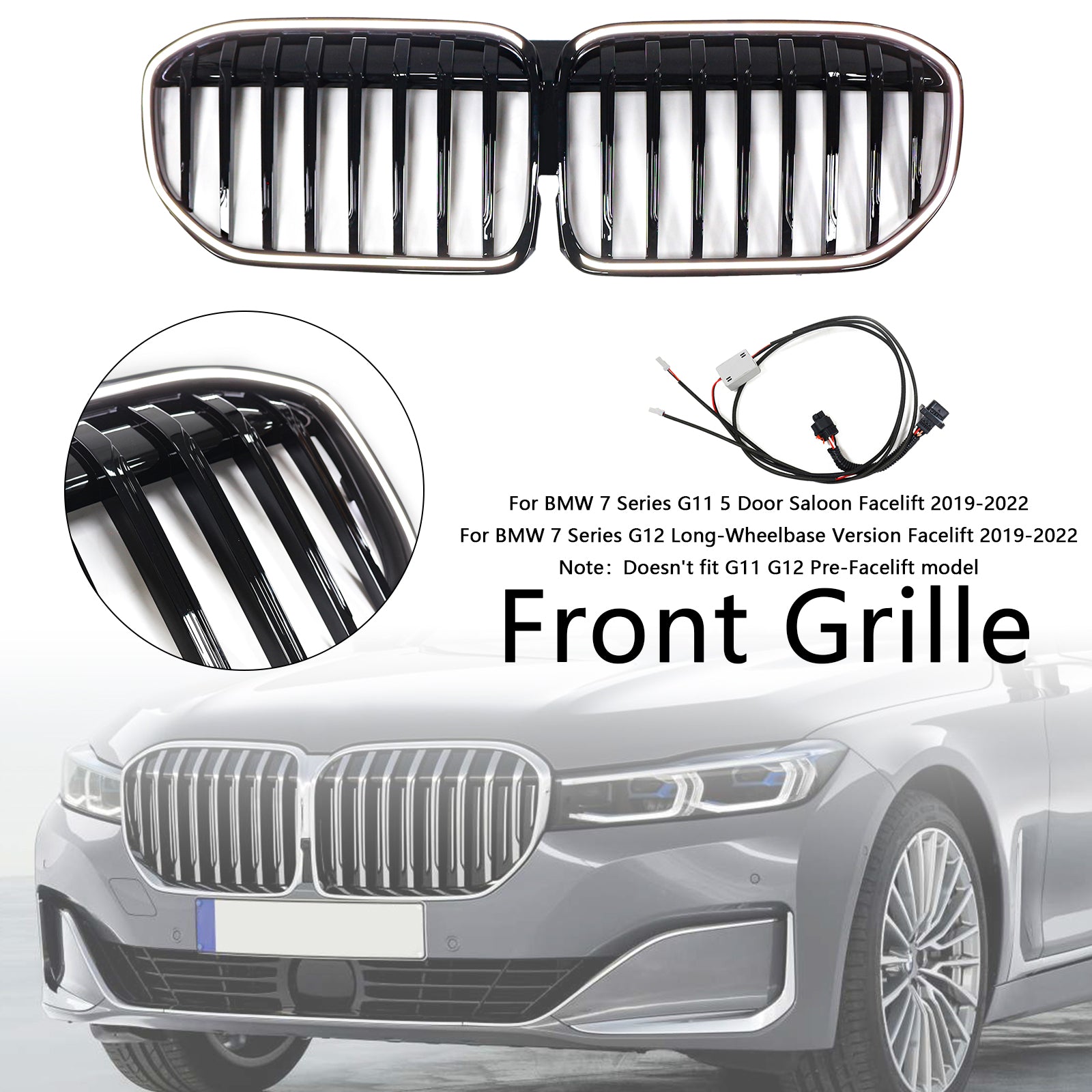 Grille de calandre avant noire brillante à lamelles simples pour BMW Série 7 G11 G12 2019-2022