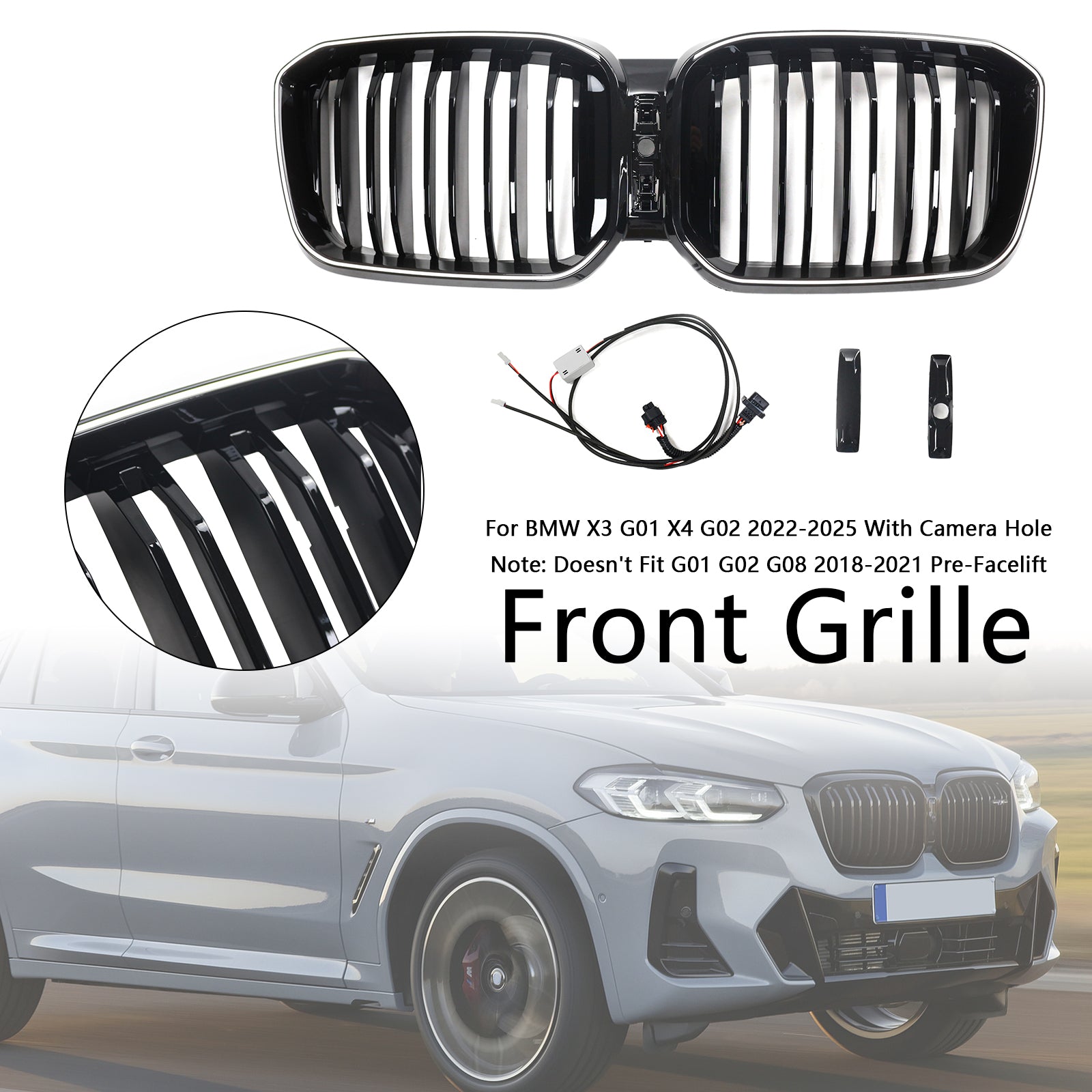 2022-2025 BMW X3 G01 / X4 G02 Double Slat Glossy Black Grill Front Bumper Kidney Replacement Grille With LED Strip Light