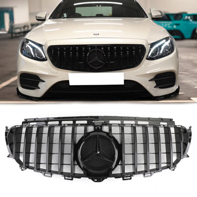 Mercedes-Benz W213 E-Klasse 2016–2019 Frontstoßstangengrill im GTR-Stil, glänzend schwarzer Kühlergrill mit Sternemblem & AMG Emblem