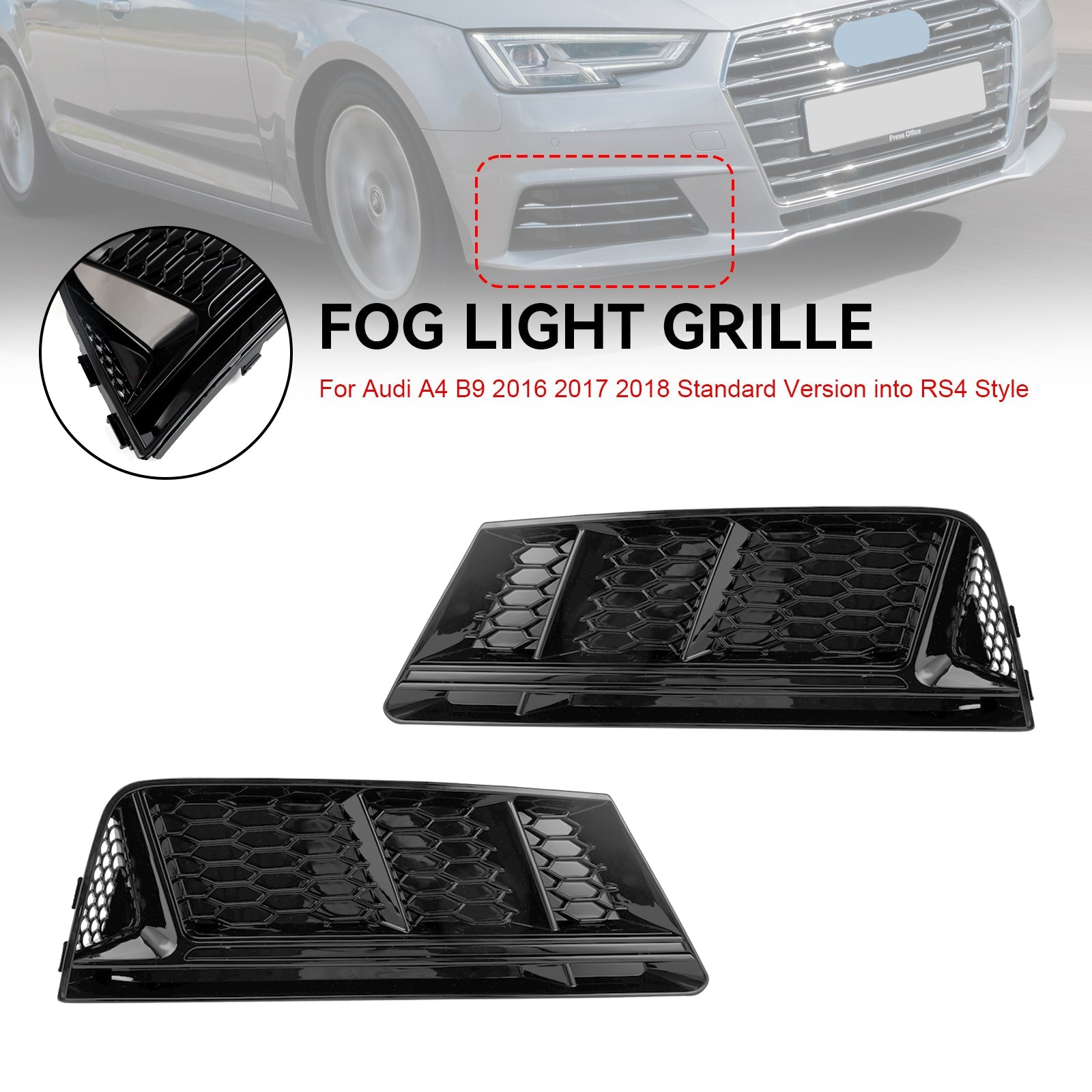 Parrilla de luz antiniebla delantera estilo RS4, parachoques inferior cromado, versión estándar Audi A4 B9 2016-2018