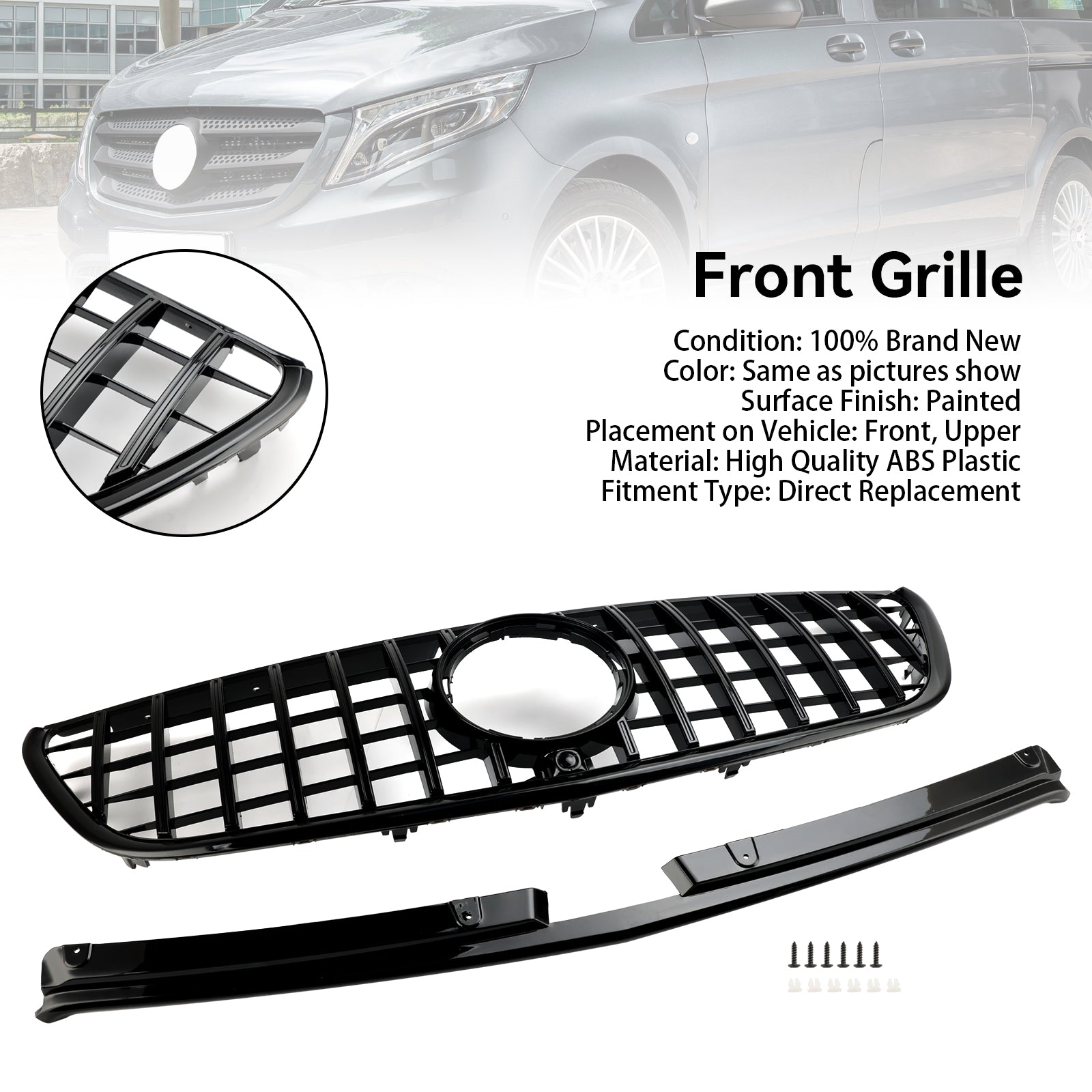 Grille de pare-chocs avant de style GT Mercedes Benz Vito W447 111CDI 114CDI 116CDI 119CDI 2015-2019 Grille noire brillante